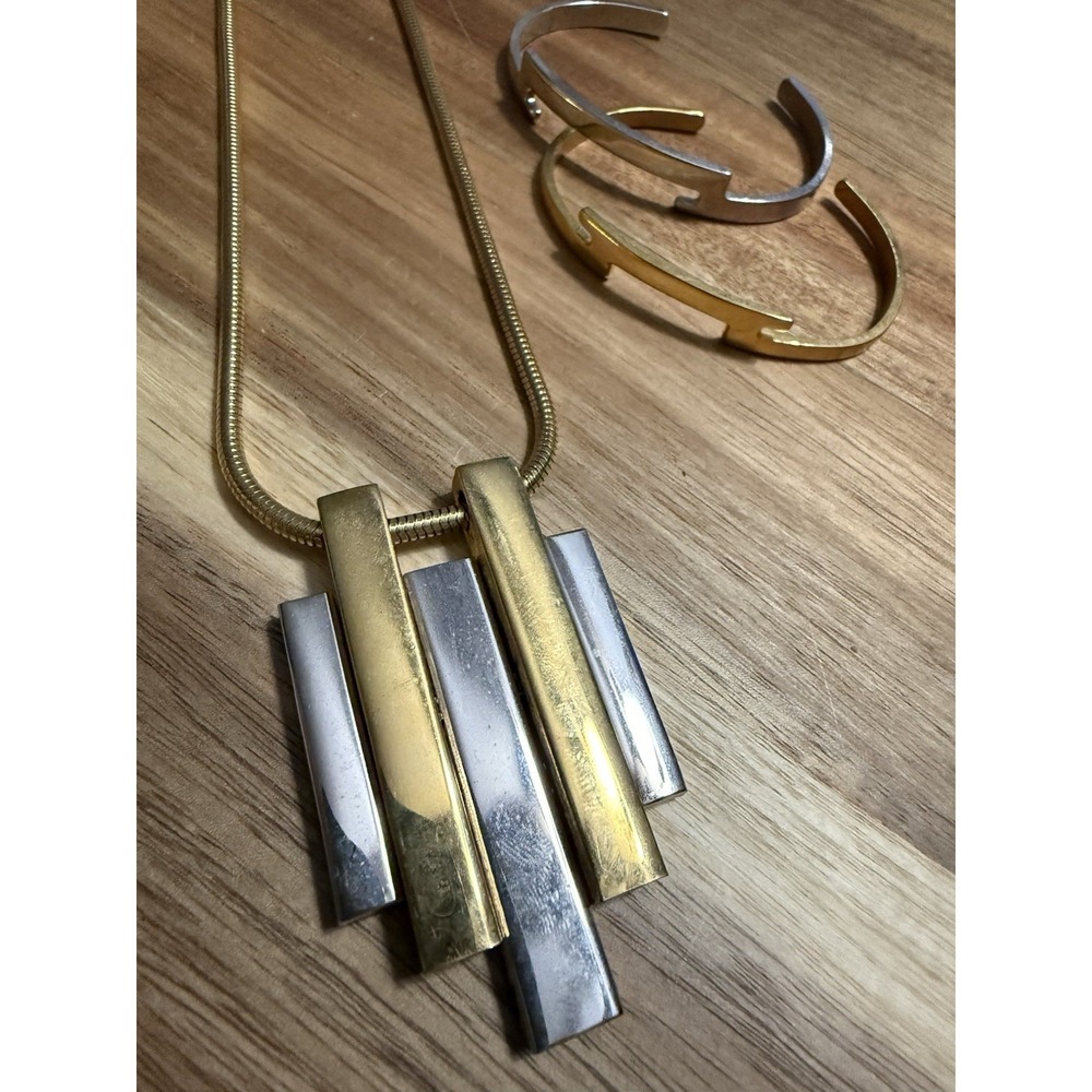 VTG Avon Geometric Modern Pendant Gold & Silver Tone Statement Necklace Cuff Set